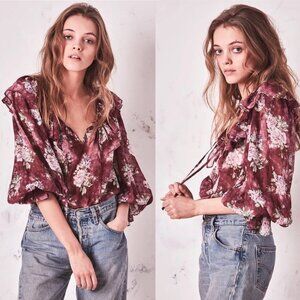 LoveShackFancy Red Merryl Ruffle Blouse Floral XS Bohemian Top Silk Long Sleeves